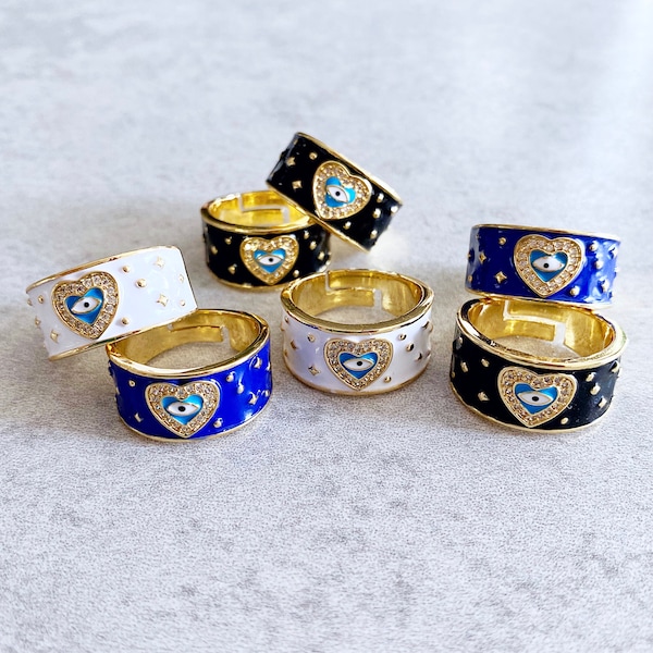 Enamel Evil Eye Stackable Rings - Black, White, Cobalt Blue, Gold, Hearts, Stars, Rhinestones, Stacking, Boho Chic Jewelry, Statement Rings