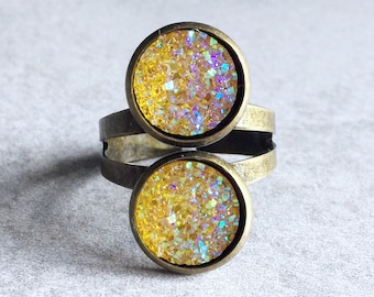 Yellow Double Druzy Ring - Glitter Quartz Geodes, Antique Bronze Adjustable Band, Gold, Sparkly, 12mm Stone Cabochons, Bohemian Chic, Gypsy
