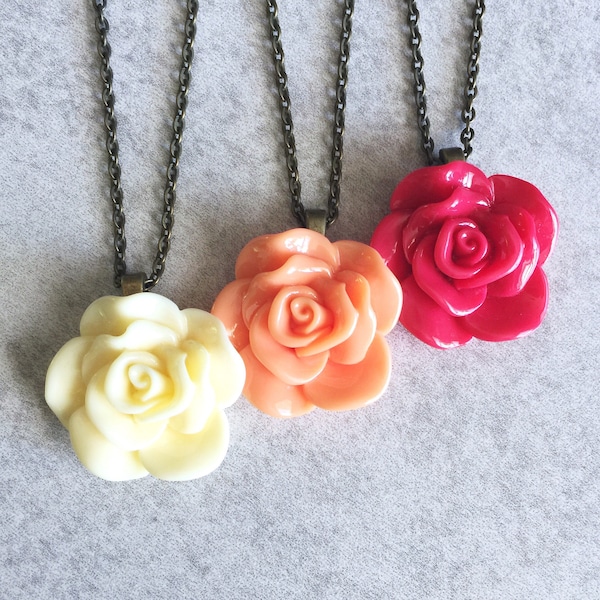 Buttercream · Coral · Rose Red // Rose Charm Necklaces - Antique Bronze/Silver Chain, 30mm Resin Cabochon, Ivory, Cherry, Bridesmaid Jewelry