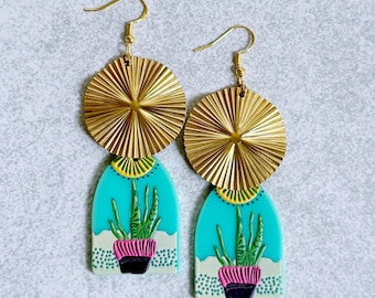 Snake Plant Geometric Gold Statement Earrings - Wavy Circular Charms, Acrylic Houseplant Charms, Plant Lover Gifts, Funky Jewelry, Southwest