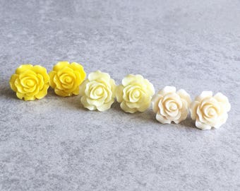 Lemon · Buttercream · Bone // Rose Stud Earrings - 20mm Resin Flower Cabochons, Yellow/White, Stainless Steel Posts, Boho Bridesmaids Gifts