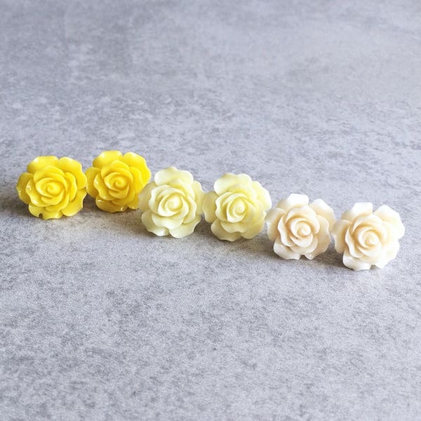 Lemon · Buttercream · Bone // Rose Stud Earrings - 20mm Resin Flower Cabochons, Yellow/White, Stainless Steel Posts, Boho Bridesmaids Gifts