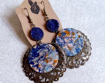 Metallic Paint Splatter x Navy Druzy Earrings - Bronze Filigree Charms, Abstract Resin, Blush Pink, Copper, Blue Geode, Boho Chic, Gypsy