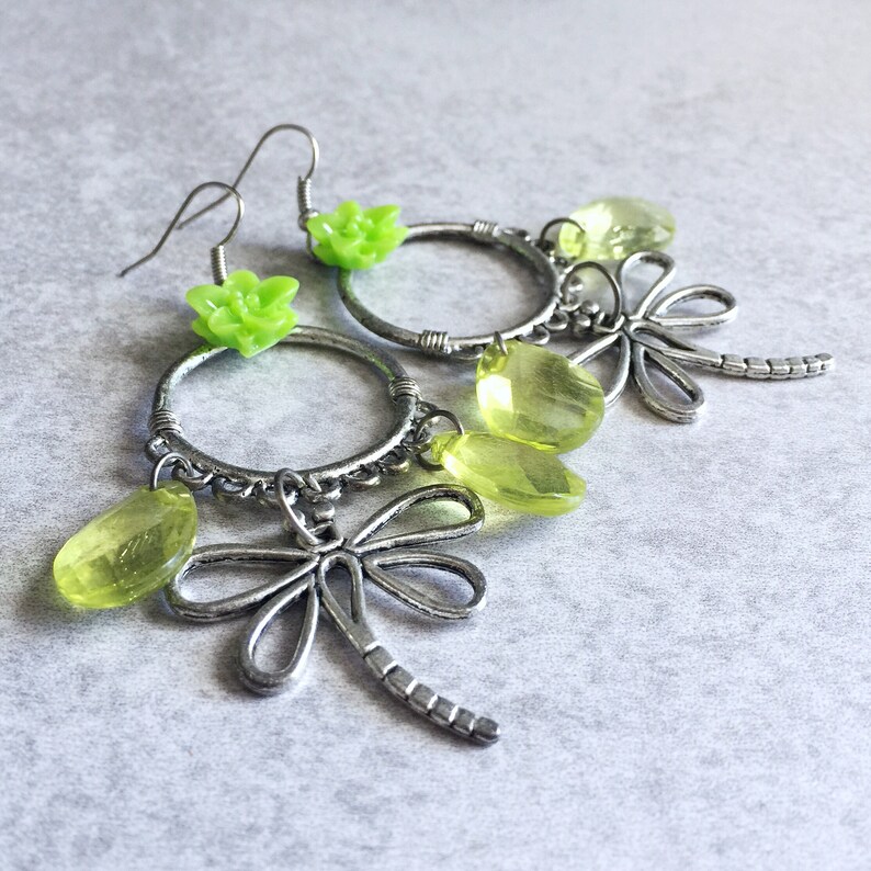 40/% OFF: Green Dragonfly Earrings Insects Lotus Flower Hippie Nature Garden Silver Hoops Neon Teardrop Beads Woodland Creature