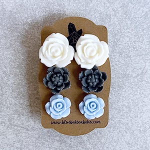 Denim Blues Floral Stud Earrings, Set of 3 - Ivory White Roses, Grey Peonies, Powder Blue Roses, Stainless Stud Posts image 5