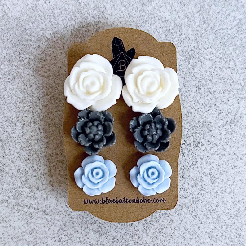 Denim Blues Floral Stud Earrings, Set of 3 - Ivory White Roses, Grey Peonies, Powder Blue Roses, Stainless Stud Posts image 5