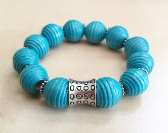 20% OFF: Turquoise Wood Beaded Bracelet - Stackable, Ribbed Beads, Blue, Teal Green, Antique Silver Charms, Arm Candy, Hippie, Wood, Stretch
