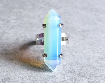 Opalite Crystal Ring - Zakończony kamień punktowy, 30 mm, Kryształy lecznicze, Kamienie czakr, Boho, Hippie, Boho, Reiki, Zen, Biżuteria medytacyjna