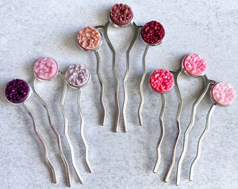 Pink Ombre Druzy Hair Combs - Bridal Hair Accessories, Blush, Mauve, Iridescent, Sparkly, Glitter, Shiny Silver, Antique Bronze, Colorful