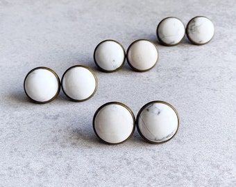 White Marble Turquoise Stud Earrings - 16mm Howlite Cabochons, Antique Bronze Bezel Trays, Stud Posts, Minimalist, Marbleized, Grey, Bone