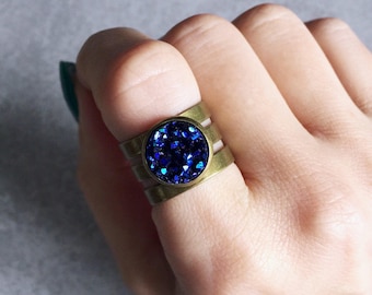 Paillettes de 12mm bronze x Druzy anneau - Cabochon Druzy violet profond, cristal, Triple empilage bagues, bagues de Gypsy, les demoiselles d’honneur cadeaux, bohème Chic