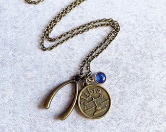 Collier de charme de pierre de naissance - 12 signes astrologiques, zodiaque de bronze et charmes de wishbone, cristal de Swarovski d’or, horoscopes, astrologie, chanceux