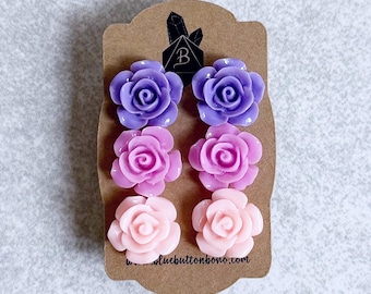 Violet Purple · Lilac Purple · Blush Pink // Flower Stud Earrings, Set of 3 - Roses, Ombre Gradient, Colorful, Garden Party, Stainless Posts
