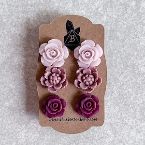 Rosewater Pink · Mauve Pink · Wine Red // Floral Stud Earrings, Set of 3 - Peonies, Roses, Lotus Flowers, Succulents, Stainless Steel Posts