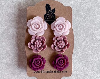 Rosewater Pink · Mauve Pink · Wine Red // Floral Stud Earrings, Set of 3 - Peonies, Roses, Lotus Flowers, Succulents, Stainless Steel Posts