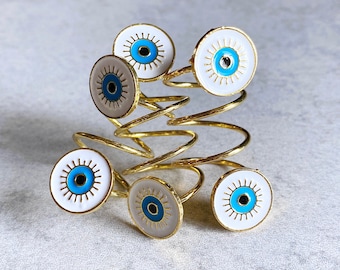 Gold Spiral Evil Eye Statement Ring - Blue & White Enamel Eye Charms, Twisted Gold Band, Cocktail Rings, Half Finger Rings, Armor Rings