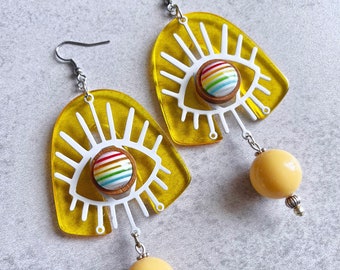 Colorful Yellow Geometric Statement Earrings - Acrylic U-Shaped Charms, Round Resin Beads, Rainbow Cabochons, Evil Eye White Enamel, Boho