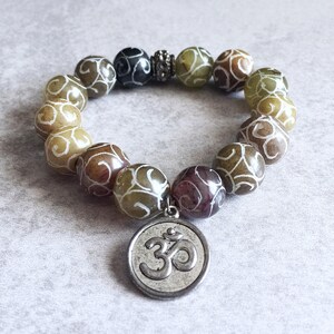 40% OFF: Chinese Xiu Jade Meditation Bracelet - Carved Gemstone Beads, Brown Stones, Silver Ohm Charm, Om, Zen, Stretchy Stacking Bracelets