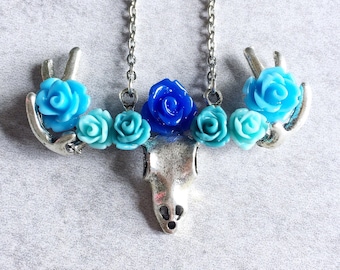 Flower Crown Deer Antler Necklace - Cobalt, Midnight Blue, Mint, Aqua Blue, Roses, Flowers, Rustic, Boho Chic, Silver Skull Charm/Link Chain