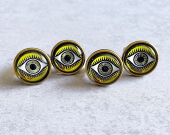 Amber Yellow Evil Eye Ring - 18mm Vintage Glass Eyeball Cabochon, Evil Eye Protection, Antique Bronze Adjustable Band, Iridescent, Mystical