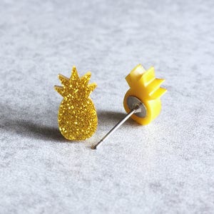 Pineapple Stud Earrings Laser Cut Acrylic Cabochons, Golden Yellow, Tropical Punch, Glitter Studs, Fruity, Hawaiian, Kawaii, Cute Jewelry image 2