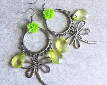 40% OFF: Green Dragonfly Earrings - Silver Hoops, Neon Teardrop Beads, Lotus Flower, Hippie, Woodland Creature, Insects, Nature, Garden