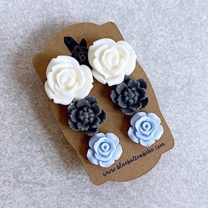 Denim Blues Floral Stud Earrings, Set of 3 - Ivory White Roses, Grey Peonies, Powder Blue Roses, Stainless Stud Posts image 2