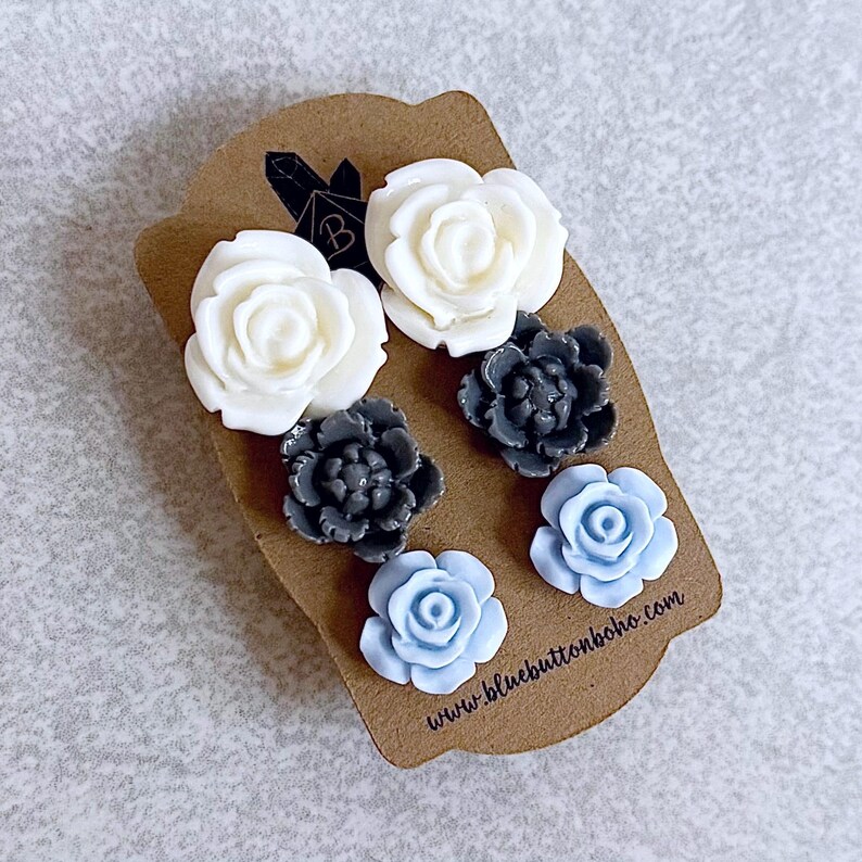 Denim Blues Floral Stud Earrings, Set of 3 - Ivory White Roses, Grey Peonies, Powder Blue Roses, Stainless Stud Posts image 2