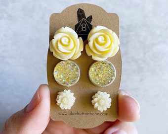 Buttercream Druzy x Flower Stud Earrings, Set of 3 - Sparkly Druzy Cabochons, Champagne Gold, Roses, Hypoallergenic Stud Posts, Earring Sets