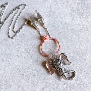 Pink Ganesha Beaded Necklace - Silver Filigree Elephant Pendant, Beaded Hoop, Seed Beads, Coral Rose, Tibetan Silver, Boho Chic, Hippie