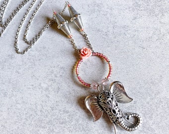 Pink Ganesha Beaded Necklace - Silver Filigree Elephant Pendant, Beaded Hoop, Seed Beads, Coral Rose, Tibetan Silver, Boho Chic, Hippie