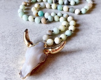 Amazonite x Longhorn Skull Beaded Necklace - Sea Foam Green Jasper Beads, Gold Foil Cow Skull Pendant, Rustic, Southwestern, Cowboy, Texas