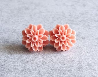 Coral Pink Dahlia Earrings - Silver Stud Posts, Resin Cabochon Flowers, 15mm Dahlias, Salmon Pink, Blush, Roses, Mums, Bridesmaid Jewelry