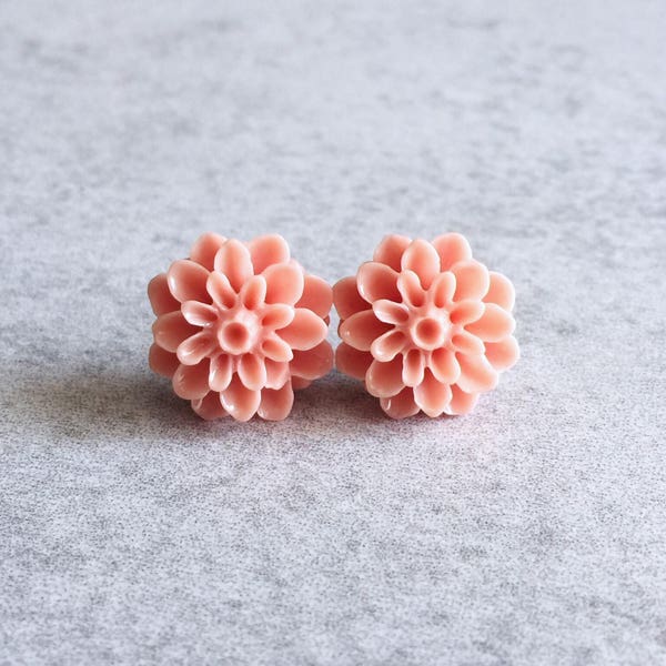 Coral Pink Dahlia Earrings - Silver Stud Posts, Resin Cabochon Flowers, 15mm Dahlias, Salmon Pink, Blush, Roses, Mums, Bridesmaid Jewelry