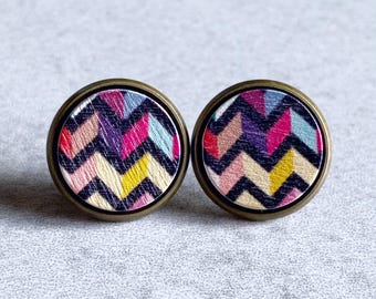 Colorful Chevron Striped Stud Earrings - 16mm Wood Cabochons, Bronze Bezels, Stud Posts, Black Stripes, Purple, Blue, Pink, Rainbow, Pride