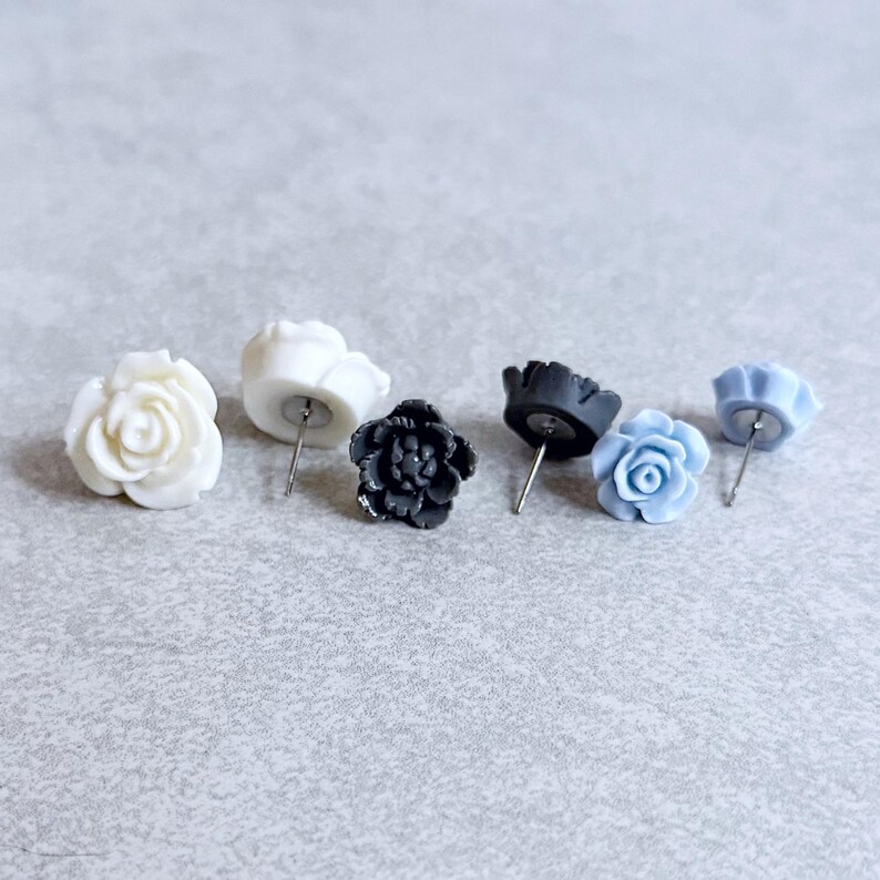 Denim Blues Floral Stud Earrings, Set of 3 - Ivory White Roses, Grey Peonies, Powder Blue Roses, Stainless Stud Posts image 3