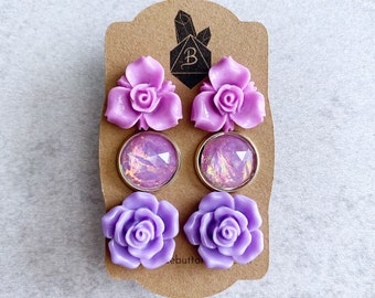 Violet Roses · Lilac Trilliums · Iridescent Foil Opal // Stud Earrings, Set of 3 - Purple, Lavender, Silver Studs, Bridesmaids Jewelry, Boho