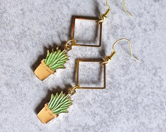 Sweet Sansevieria Dangle Earrings - Enamel Charms, Gold Geometric Square Charms, Succulents, Cactus, Cacti, Snake Plants, Hook Ear Wires