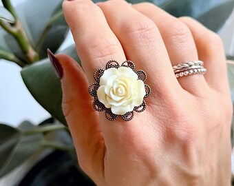 Ivory White Rose Ring - Antique Bronze Setting, Adjustable Band, Bone White Rose Cabochon, Garden Party, Bridal Jewelry