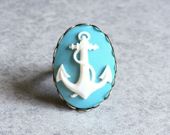 40% OFF: Blue Anchor Ring - Antique Bronze Adjustable Band w/Scalloped Edge, Sky Blue & White Resin Cameo, 18x25mm, Nautical, Sailor, Sea