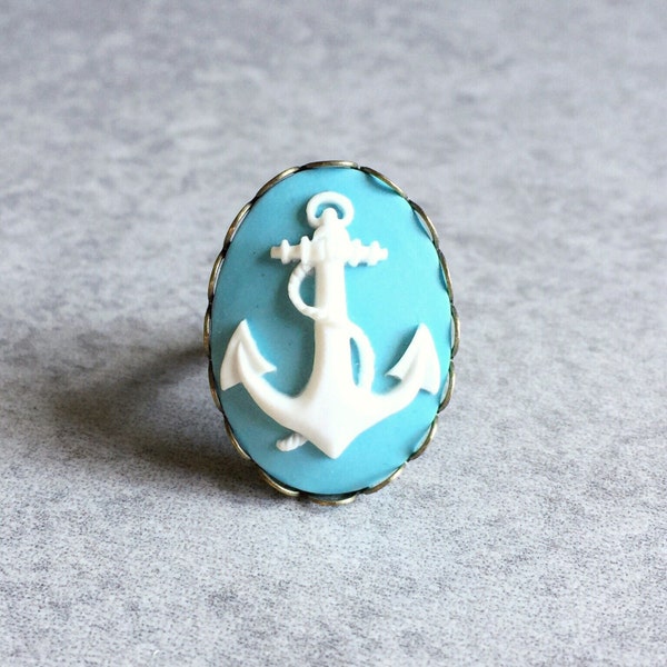 40% OFF: Blue Anchor Ring - Antique Bronze Adjustable Band w/Scalloped Edge, Sky Blue & White Resin Cameo, 18x25mm, Nautical, Sailor, Sea