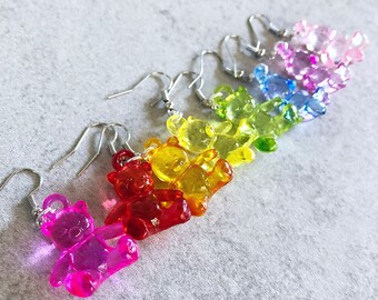 Colorful Gummy Bear Dangle Earrings - Sweet Treats, Sweet Tooth, Kawaii Jewelry, Kitschy Baubles, Tiny Food, Gummies, Rainbow Colors