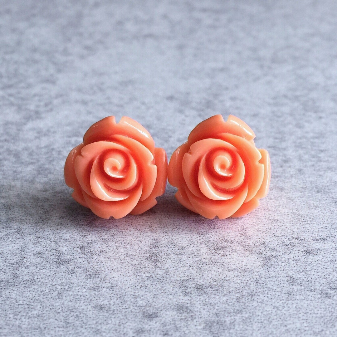 Coral Blooming Rose Bud Earrings Silver Plated Stud Posts Etsy