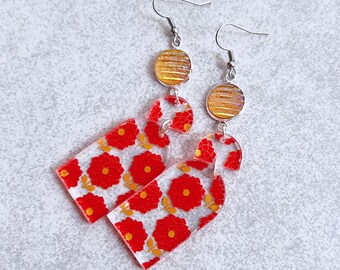 Red Dahlia Statement Earrings - Acrylic Geometric Charms, Sparkly Yellow Cabochons, Iridescent, Chrysanthemums, Mums, Flower Lover Gifts