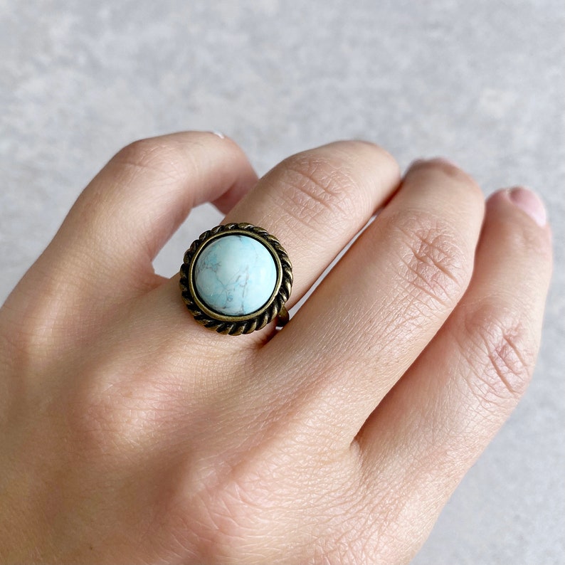 Vintage-Inspired Mint Green Turquoise Ring Antique Bronze Braided Bezel Size 6 Band Sea Foam Pale Aqua Boho Chic Stacking Rings