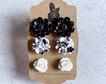 Black Peonies · Tie-Dye Flowers · White Roses // Floral Stud Earrings, Set of 3 - Garden Party, Floral Jewelry, Stainless Silver Steel Posts