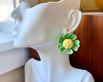 Green Sunflower Lever Back Earrings - Flora Jewelry, Garden Party, Bridesmaids Jewelry, Daisies, Mums, Roses, Bright Green, Yellow