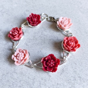 Peony Floral Bracelet // Red Currant · Flamingo Pink · Blush Pink - Flowers, Roses, Dahlias, Silver, Arm Candy, Boho, Bridesmaids Jewelry