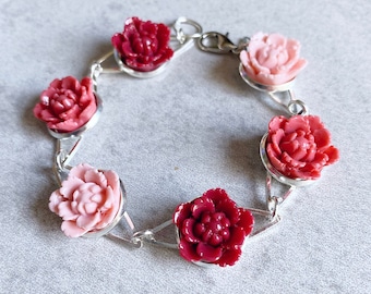 Peony Floral Bracelet // Red Currant · Flamingo Pink · Blush Pink - Flowers, Roses, Dahlias, Silver, Arm Candy, Boho, Bridesmaids Jewelry