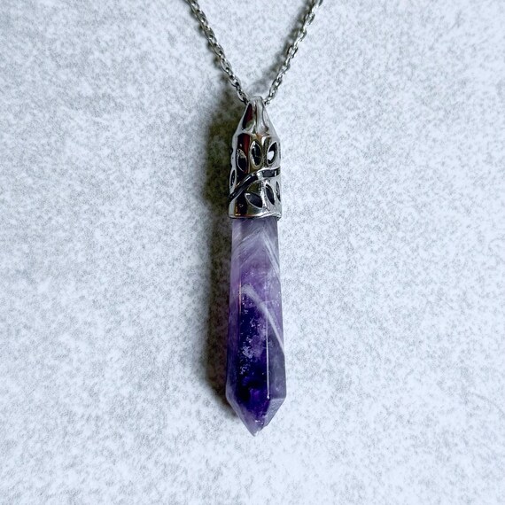 Purple Amethyst Crystal Necklace - Gemstone Pendulum Pendant, Chakras, Zodiac, Reiki, Healing, Spiritual, 55mm, Large, Silver Chain